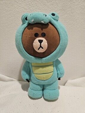 Brown Bear Plush in Teal Dinosaur Costume - Line Friends